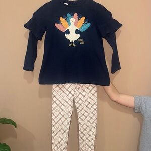 Mud Pie Gobble Set - Navy Long Sleeve Tee with Turkey and windowpane pants
